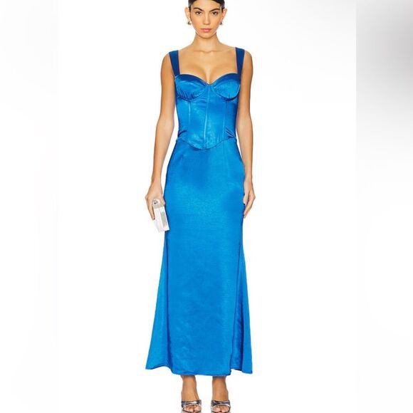 Runaway the Label Oura Maxi Dress Blue Satin Gown bustier corset Revolve XS